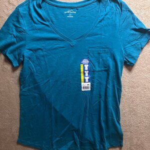 NEW! Eddie Bauer Women‎ Medium Teal Short Sleeve Lightweight V-Neck Pocket Shirt